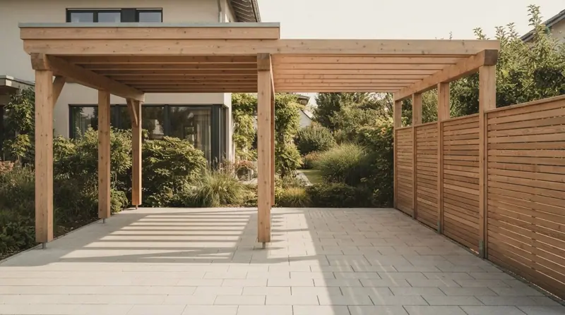 Carport und Pergola aus hellem Holz mit gleichmäßigen Sparren, daneben ein Lattenzaun